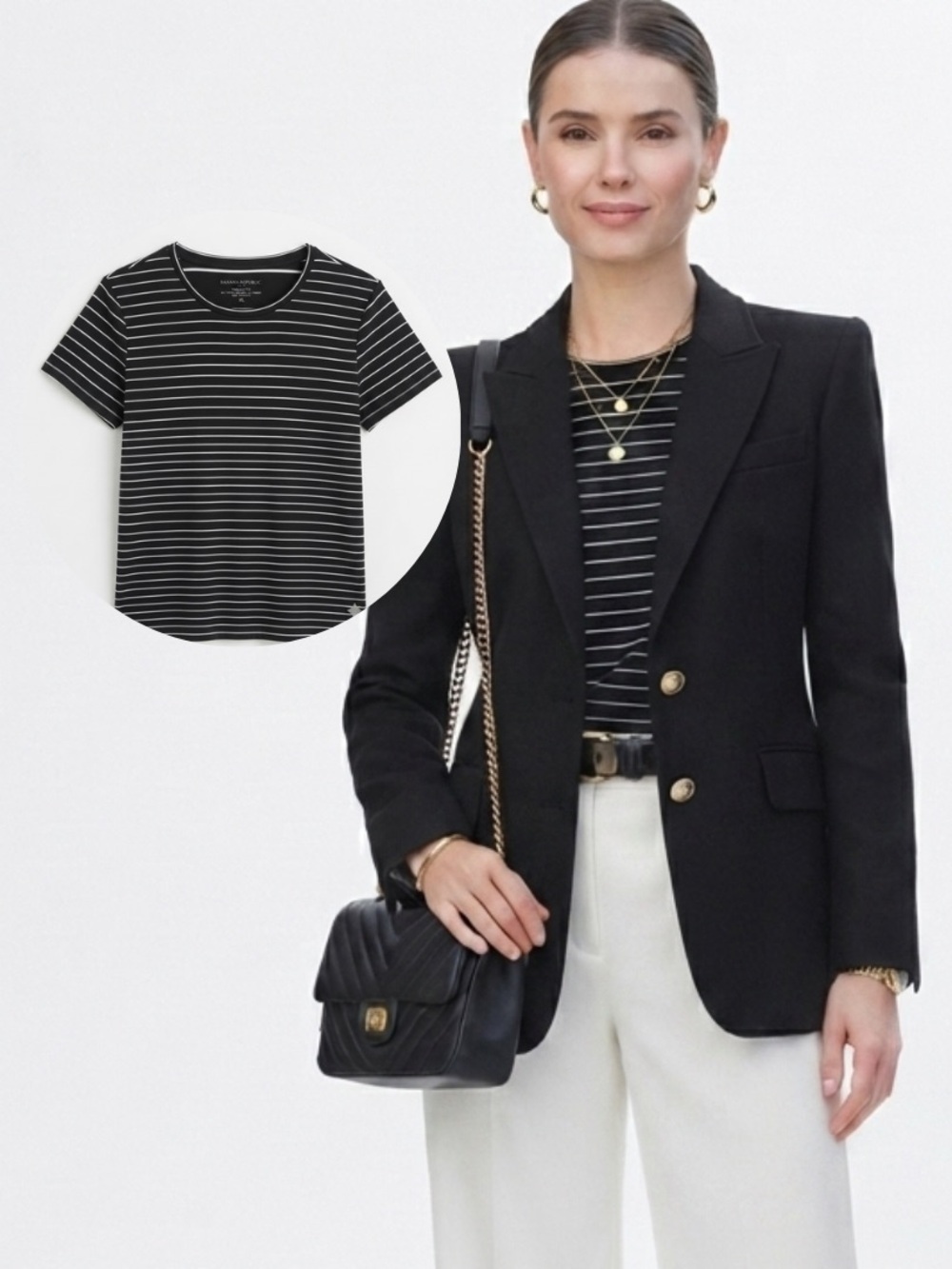 NWT Banana Republic Factory Black & White Striped Timeless Crew Neck Tee Size XL